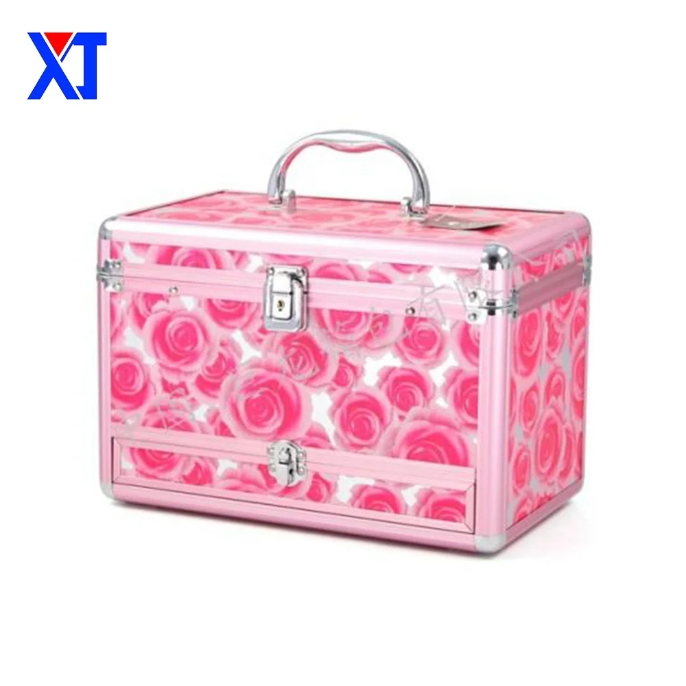 

High Quality Lockable Aluminum Make Up Trolley Cosmetic Case Box with Legs, Red