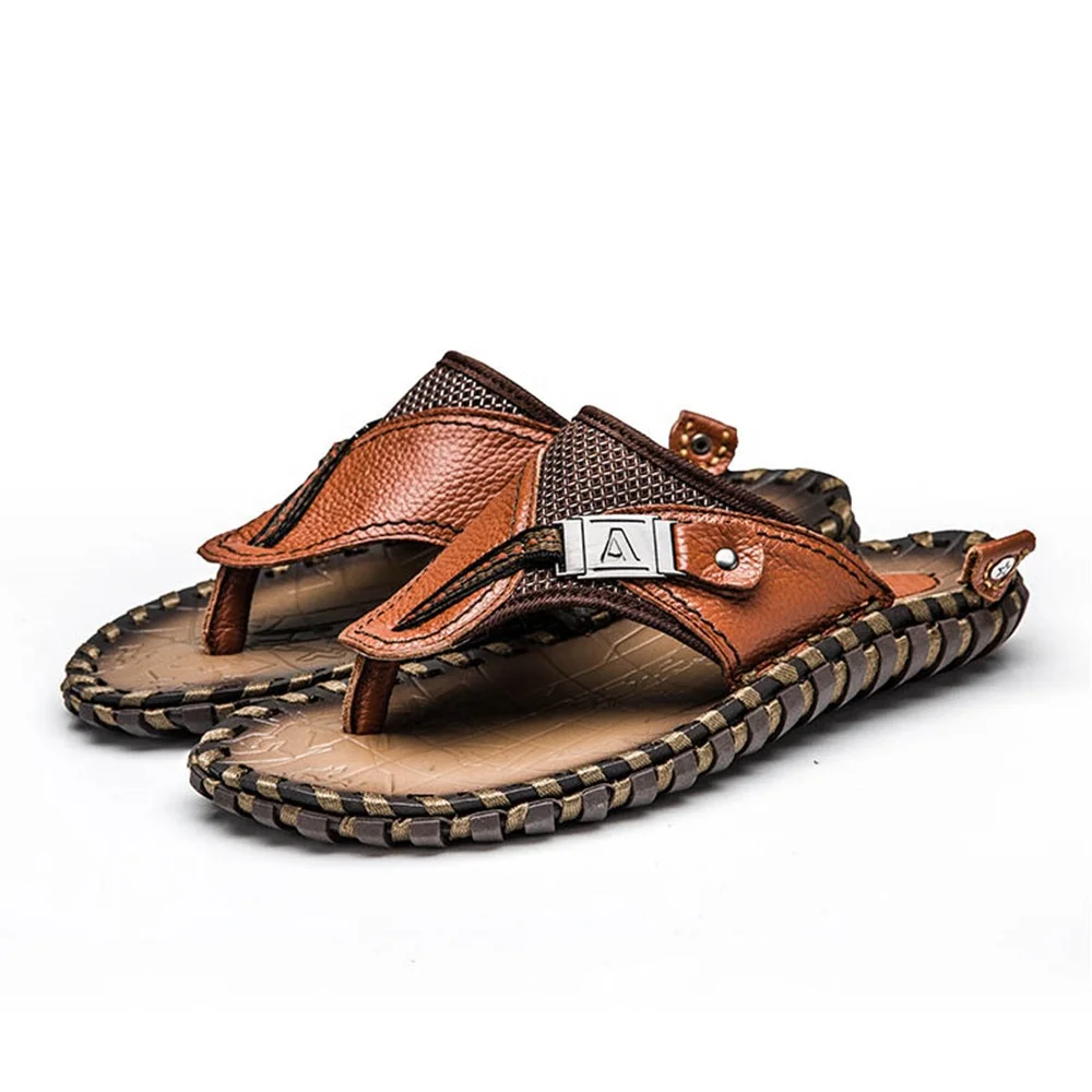 

Wholesale Handmade mens leather beach slippers high quality summer flip flops factory price