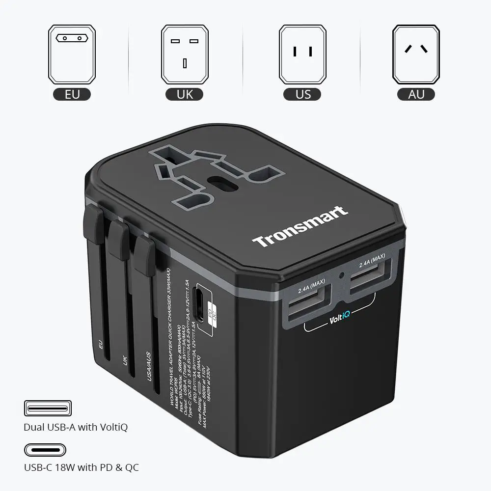 Tronsmart WCP05 33W Universal Travel Adapter with USB-C & Dual USB-A Ports for Mobile Phone, Tablets and US, UK, EU, AU