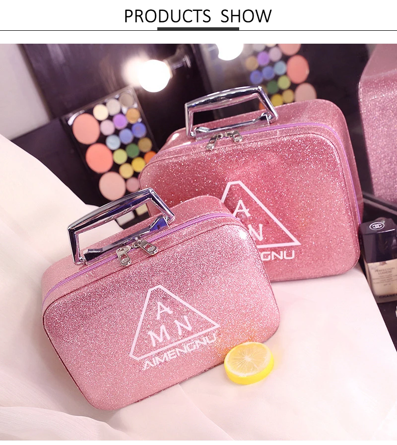 Hot Selling Luxury Glitter Pink Hard Case Women Travel Cosmetic Bag