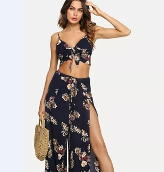 2018 Summer Boho Clothes Floral Cami Top Palazzo Pants Set Sexy