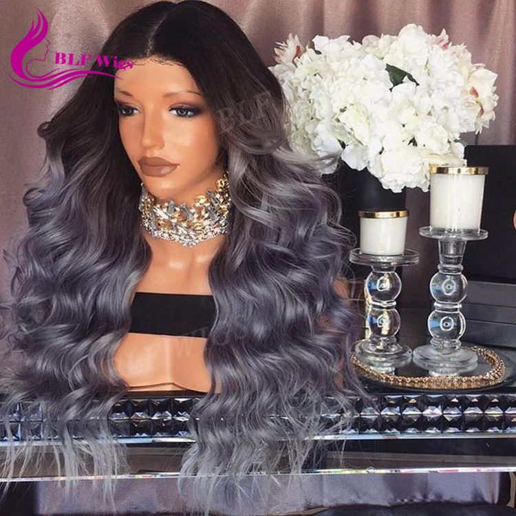 

indian remy gray hair full lace wig, high density human hair full lace wig ombre colors