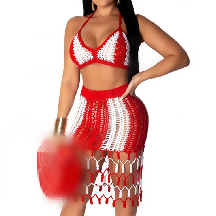 Wholesale women crochet clothing summer crochet knit dress two piece skirt set