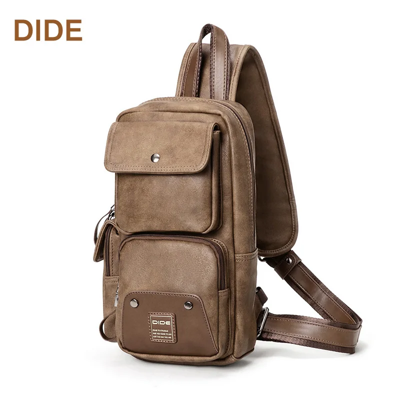 

DIDE high quality PU leather waterproof sling shoulder chest bag for men, Khaki/ customized available
