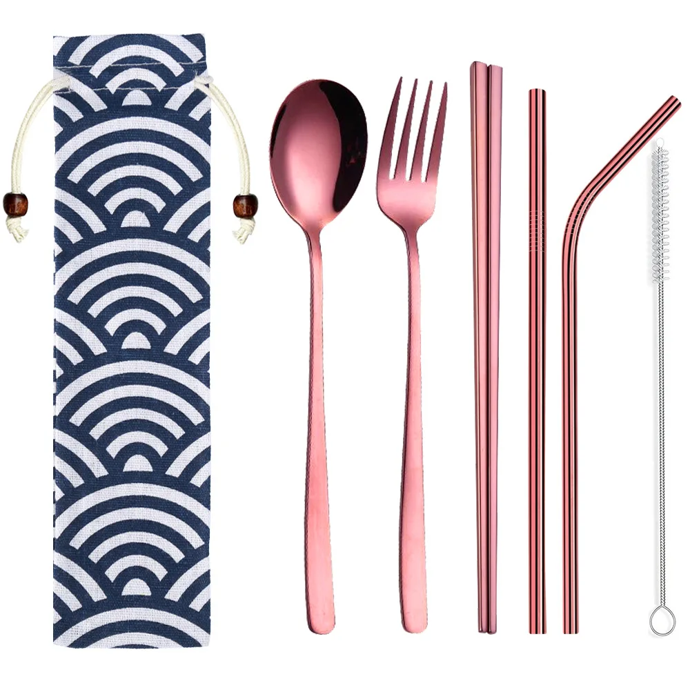 Portable Camping Stainless Steel Rose Gold Cutlery Sets Knife Fork Spoon Chopsticks Travel  Straws Flatware Set