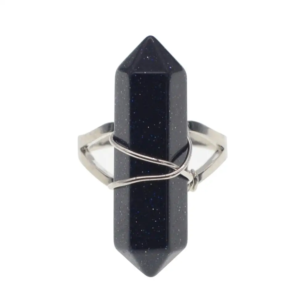 

New Fashion Natural Semi Precious Stone Blue Goldstone Hexagonal Prism Beads Wrapped Silver Wire Chakra Charms Crystal Rings