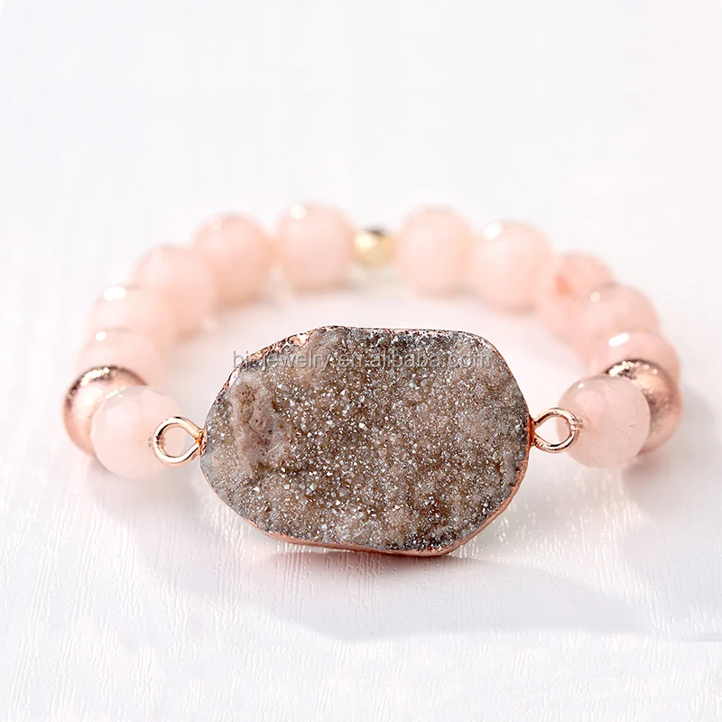 

Diy Summer Pink Natural Stone Chakra Beads Quartz Druzy Charm Elastic Bracelet, As the picture