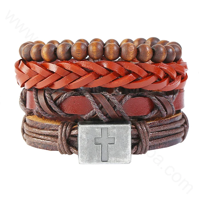 Fashion 4pcs 1 Set Punk Genuine Wrap Leather Bracelets Wrap Plain Leather Bracelets Cuff Jewelry Accessories.jpg
