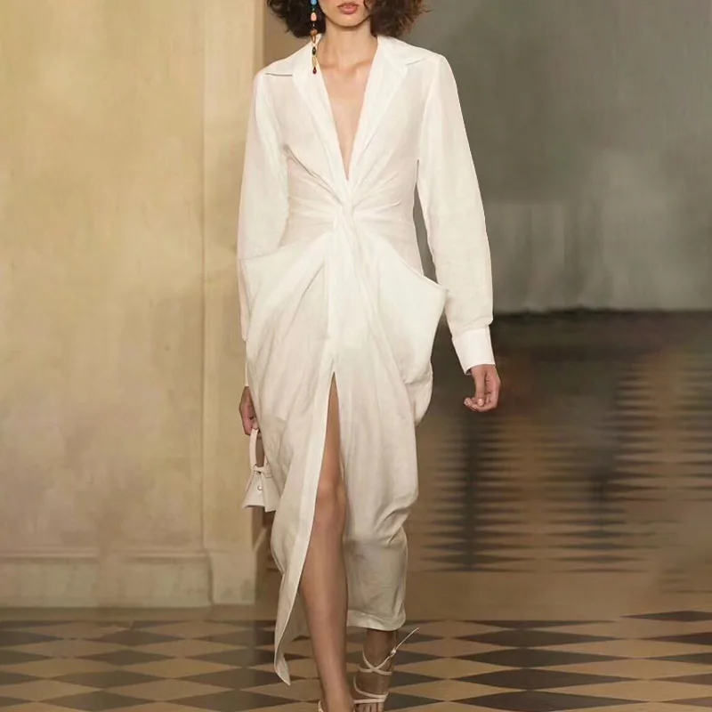 

fashion 2019 new arrivals Open Skirt Plunging Neck Blush Night Maxi Dress Women Clothes Twist Front sexy Shirt Dress, Picture