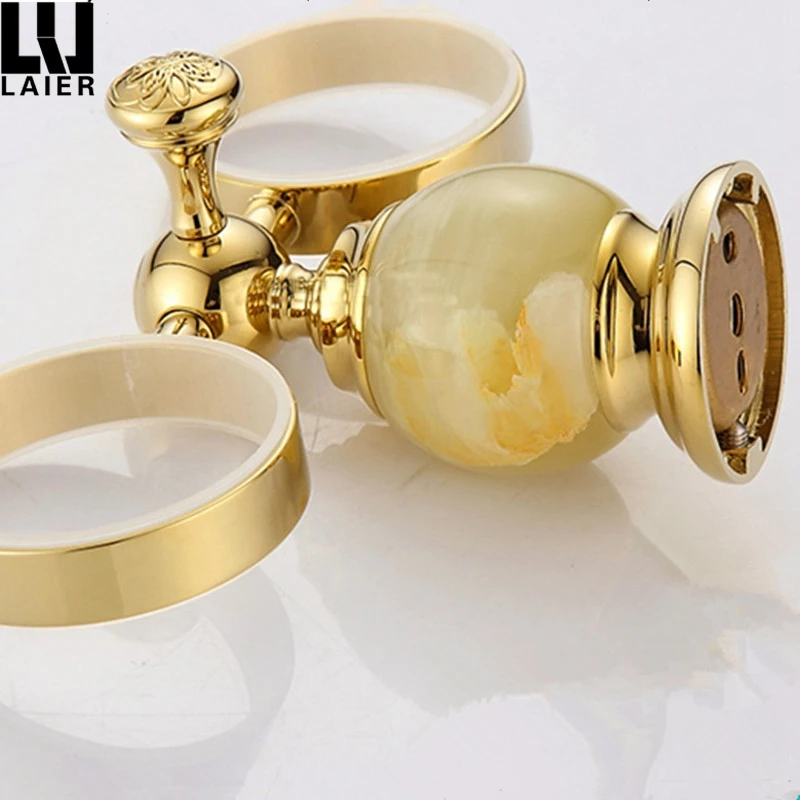 
Gold Sanitary Accessories for Bathroom Tumbler Holders Double with Jade Stone Decor Ceramic Cup 
