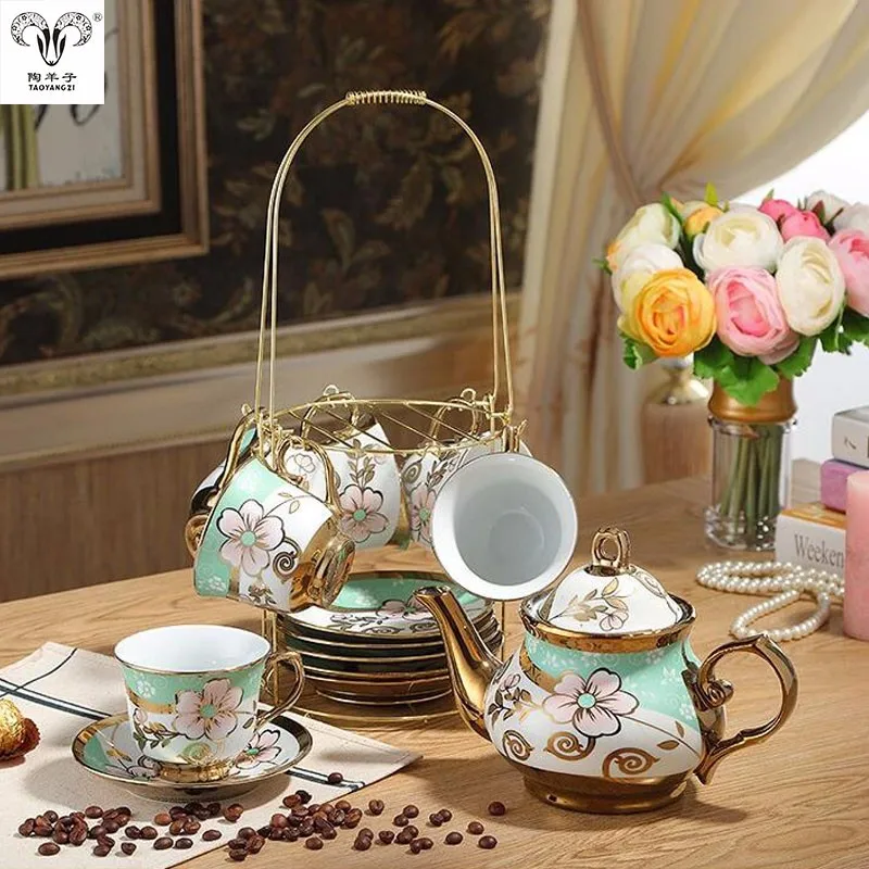 European Style Luxury High End Golden Decal Colorful Flower Coffee Tea ...