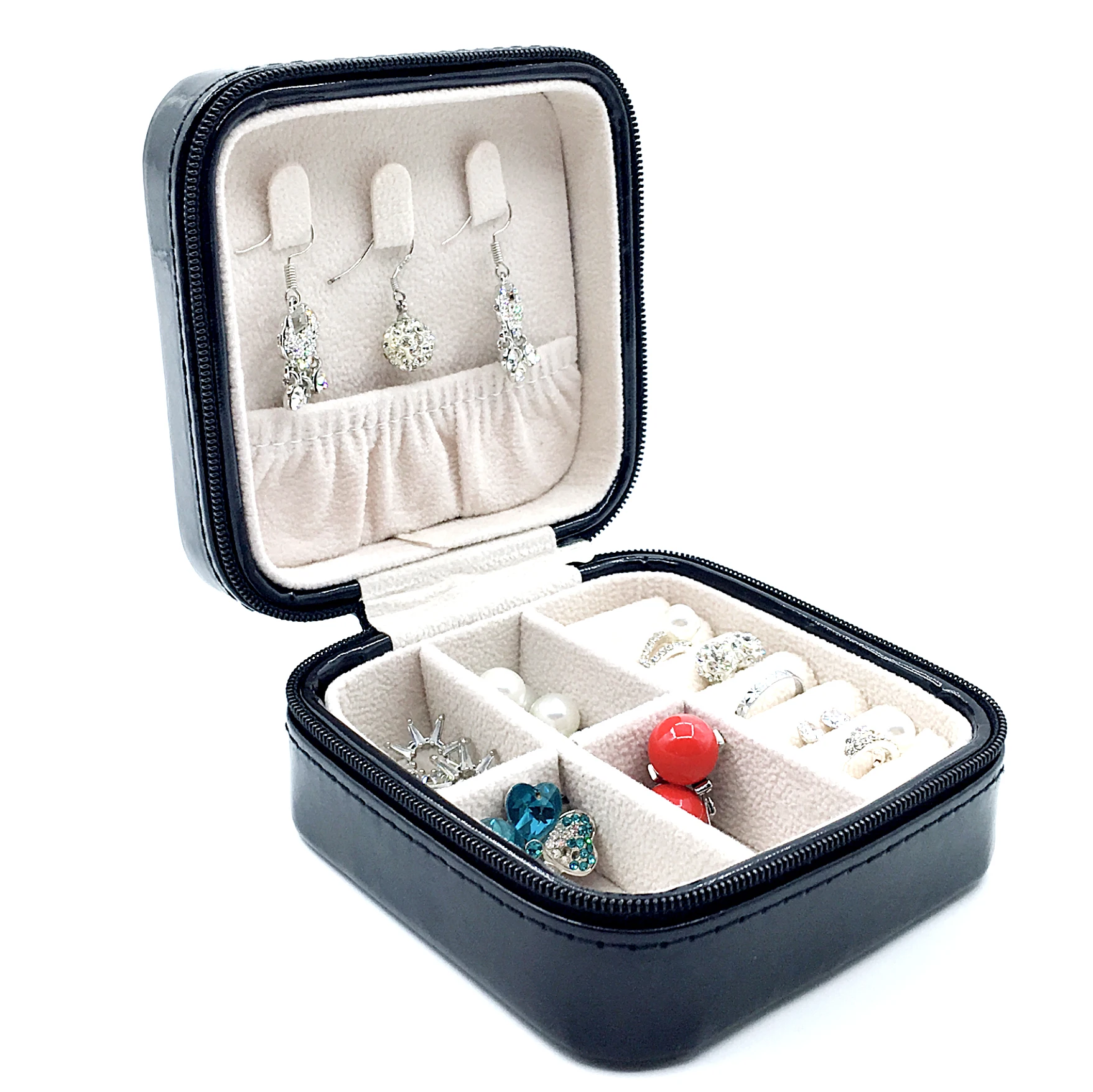 
PU Leather Travel Jewelry Box for lady Organizer Display Storage Case for Rings Earrings Necklace Zipper Closure 