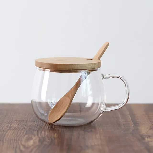 

2019 New Style Wood Bamboo Lid Borosilicate Glass Tea/ Coffee/Water Mug With Bamboo Spoon