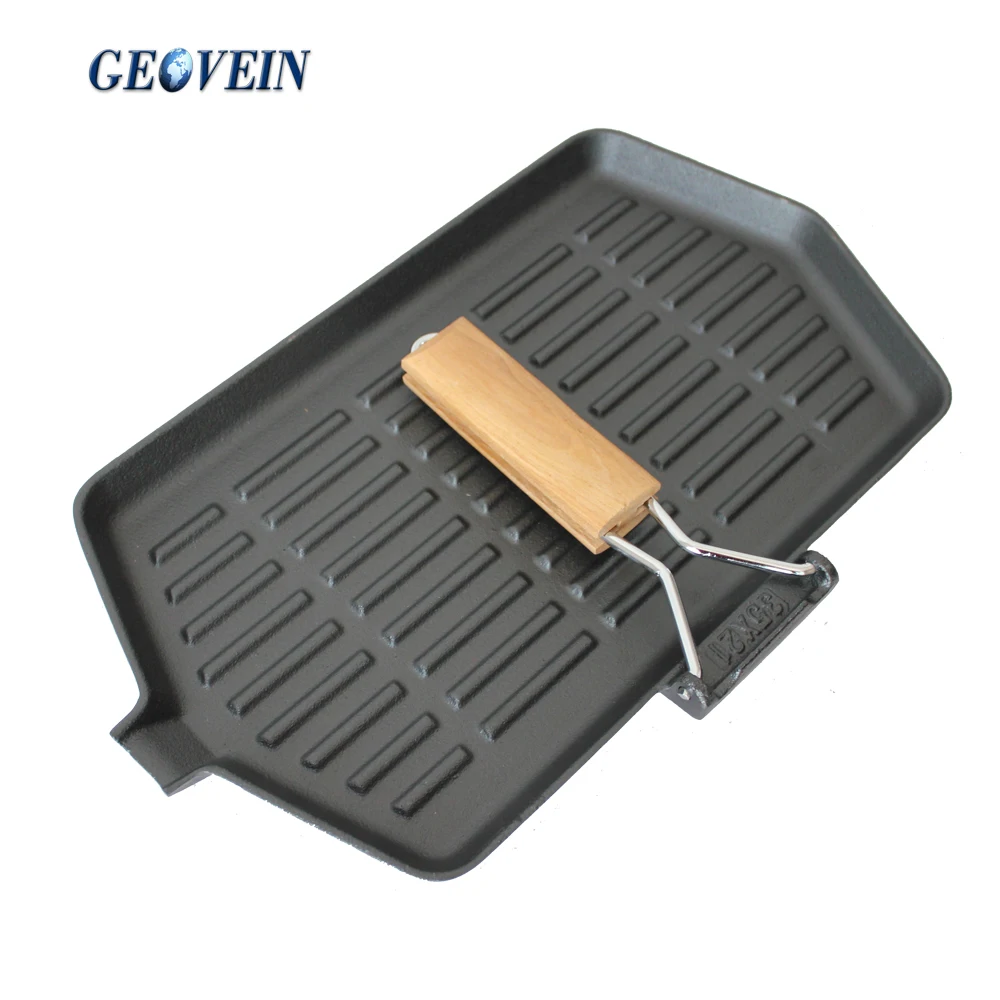 
foldable Non stick cast iron BBQ steak pan with wood handle 