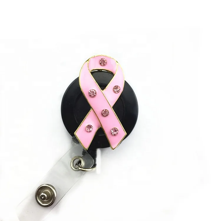 2021 Medical brooch Breast Cancer Awareness Pink Ribbon Retractable ID Badge Reel Rhinestone Ribbon Brooch