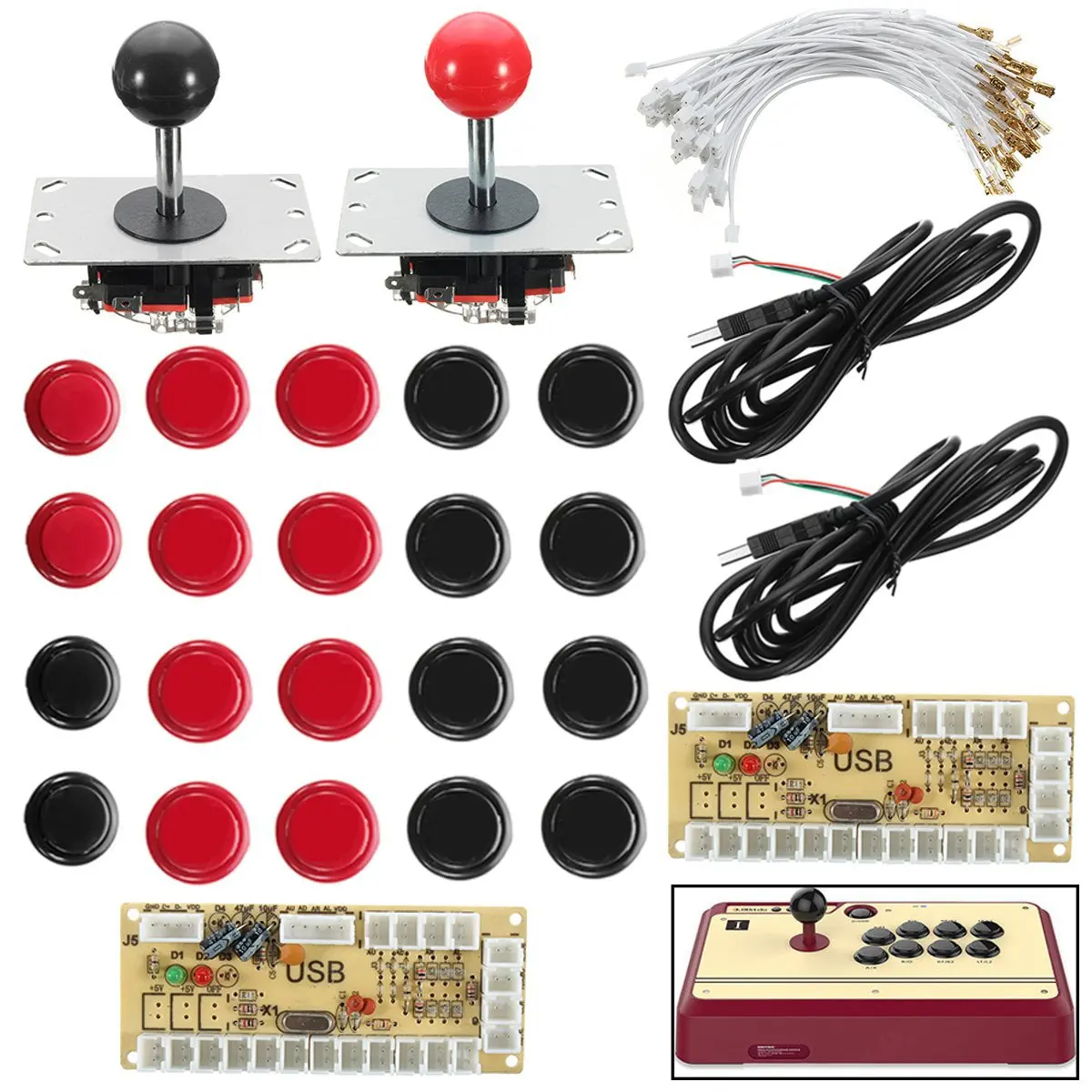 Free Shipping Zero Delay Arcade Joystick DIY Kit 2 LED USB Encoder + 2 Joystick + 20 Illuminated Push Buttons + 28 Cables