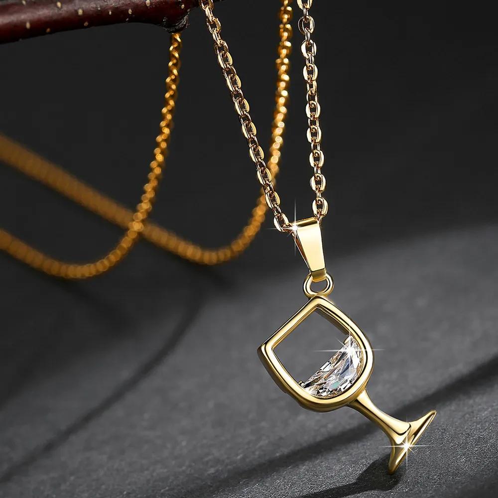 

Creative Environmental Copper Shiny Zircon Necklace Wine Glass Gold Plated Pendant Necklace