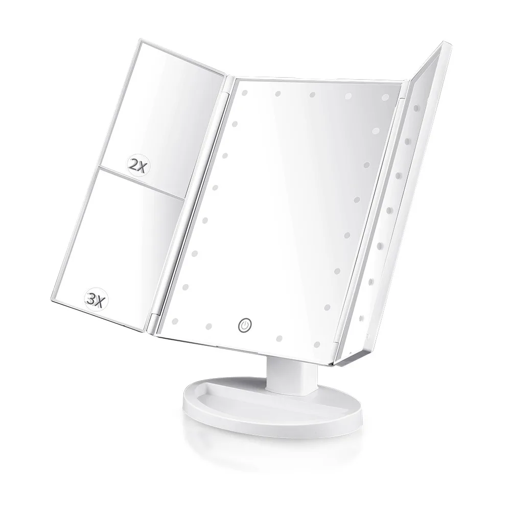 

Cosmetic Make up Mirror USB Charging Foldable 22 Light Magnifying Tri-fold Vanity Makeup Mirror With Lights floor mirror, White or customized