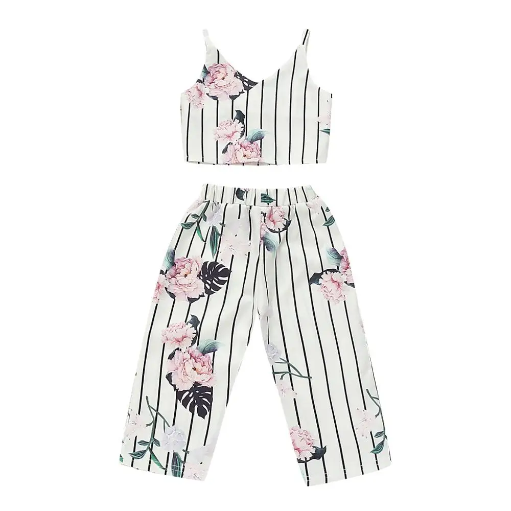 

1-5Y Toddler Kids Girls Clothes Sets Flowers Striped Print Sleeveless Vest T-Shirt Tops Long Pants Summer Outfits Clothes, As picture