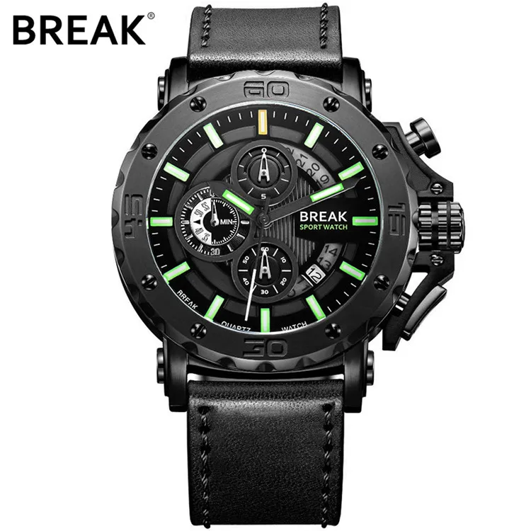 

BREAK 5689 Luxury Brand Leather Strap Casual Fashion Chronograph Mega Luminous Business Sport Wristwatches Man Military Watch