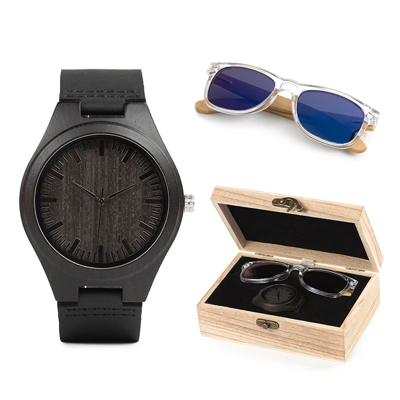 

BOBO BIRD 2018 Suit Present Classic Men Custom Wooden Sunglasses Wood Watch, Balck watch + blue glasses