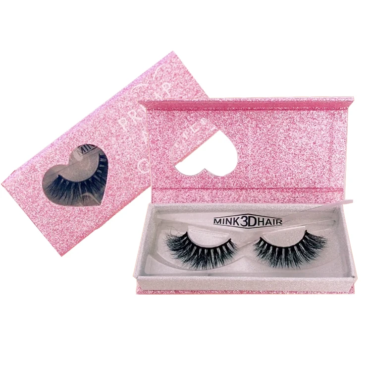 Wholesale Custom Pink Glitter Eyelash Box With Heart Window 3d Mink