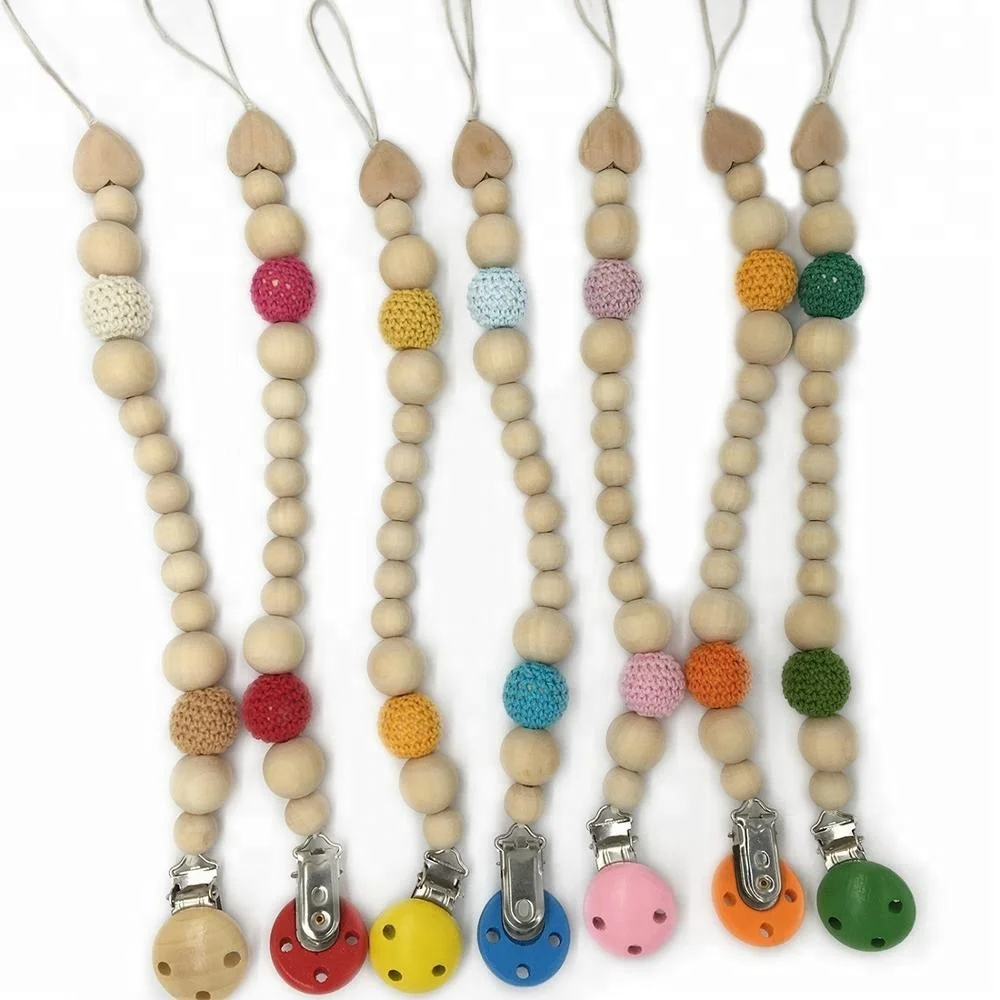 

Eco Friendly Wood Teething Crochet Beads Wooden Pacifier Clip Chain Baby Soother Pacifier Chain Holder