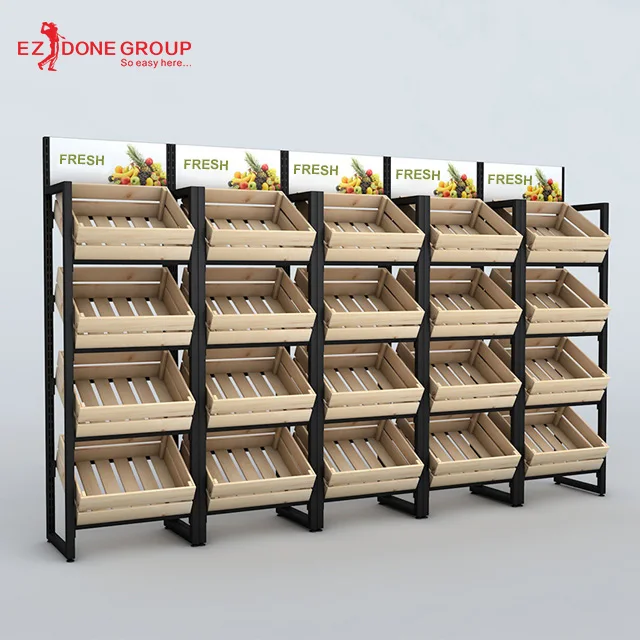 
Modern factory price save space shopping market wood fruit vegetable storage display rack stand 