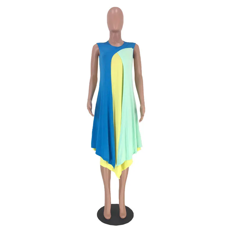 

Casual Solid Color Stitching Round Neck Sleeveless Midi Wrap Dress Plus Size