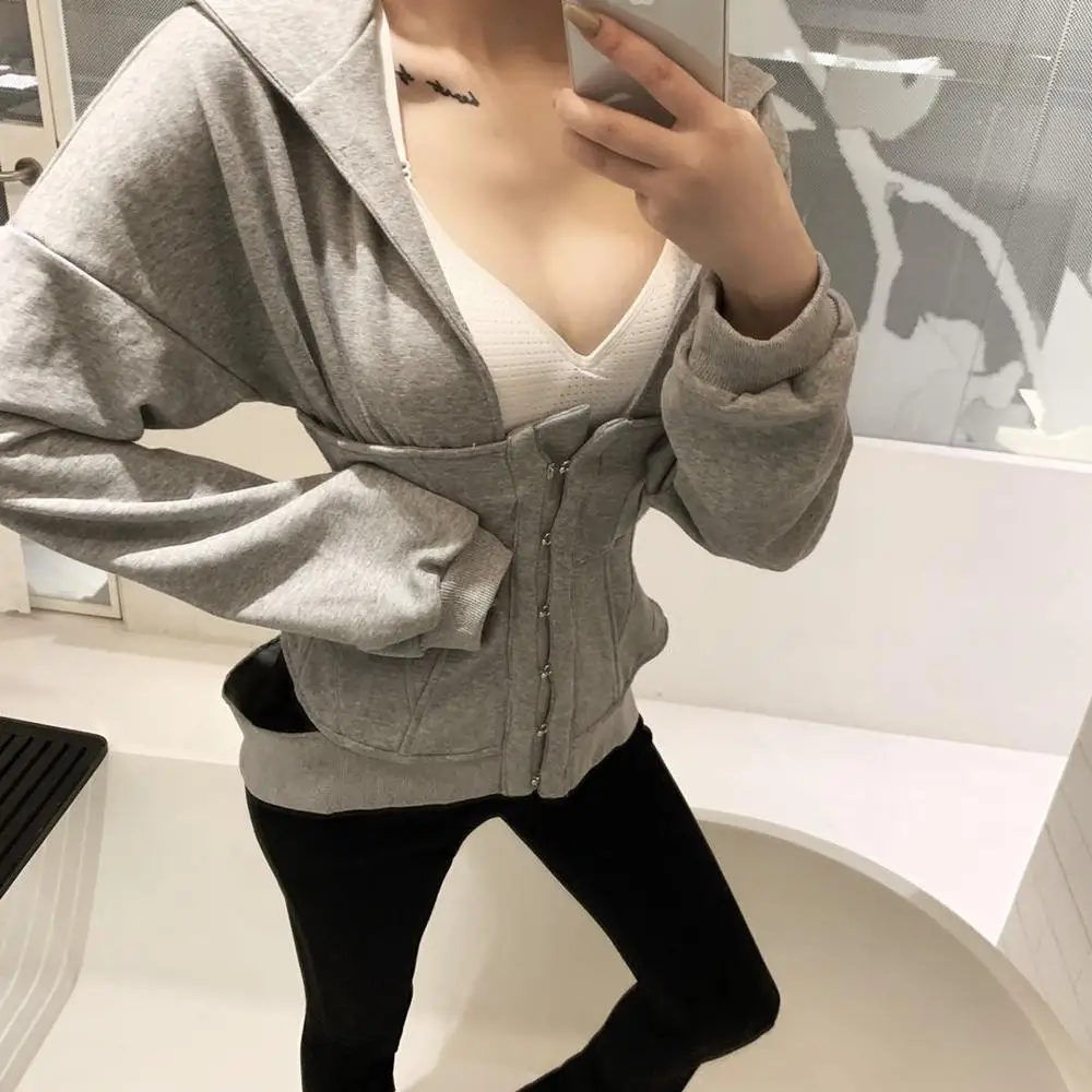

Custom Wholesale crop hoodie women,Zip hoodie women Sweatshirt Slim Tracksuit grey corset fashion sport Workout gym jacket, Picture