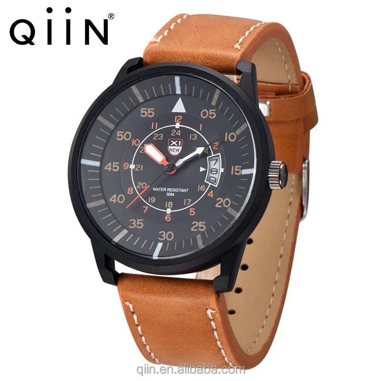 

Mens watch with date luxury leather band business dress watch 1363