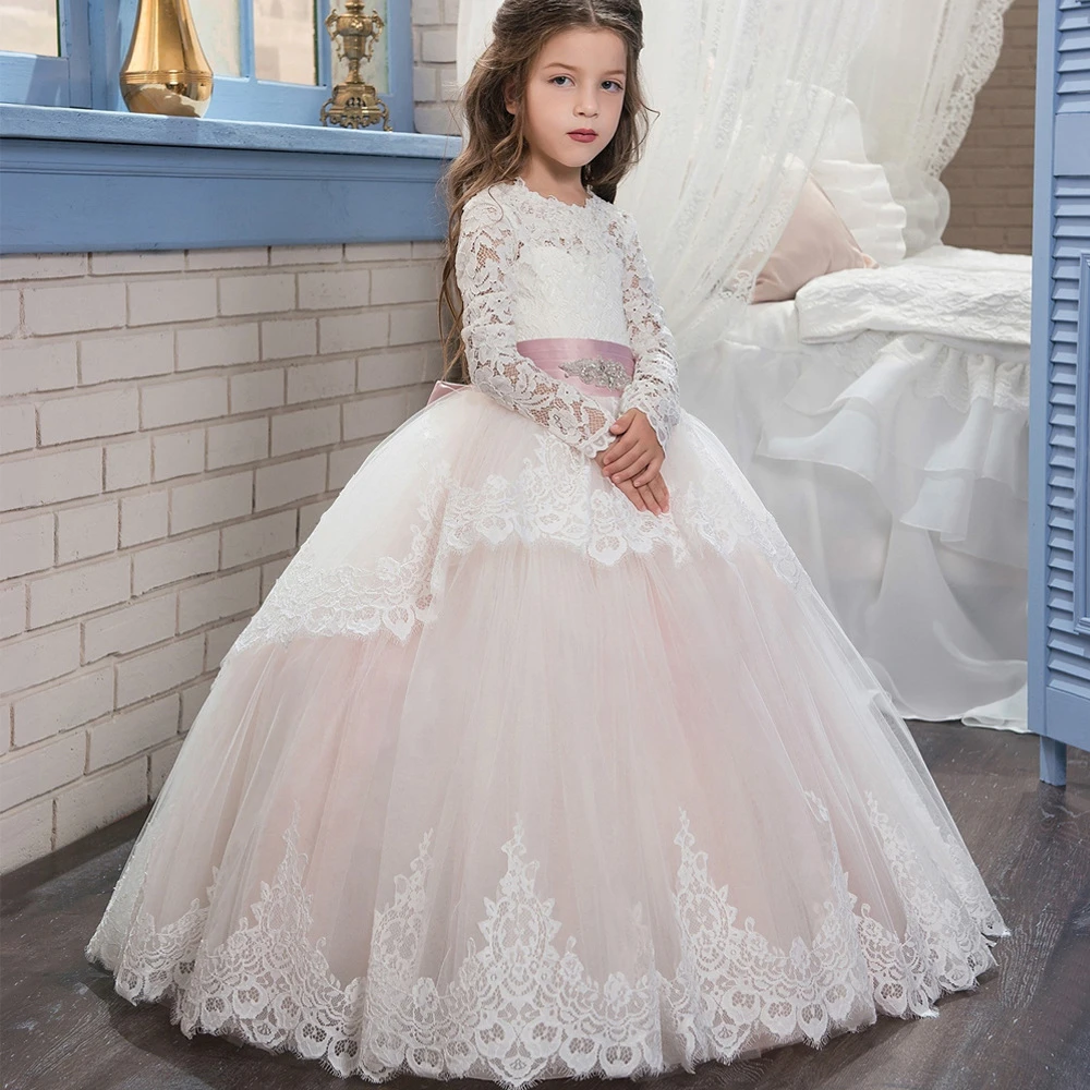 

Boutique Wholesale Girls Ball Gown Princess Dress Wedding Party Baby Girl Frocks Long Sleeve Lace Tulle Bridesmaid Dresses, White