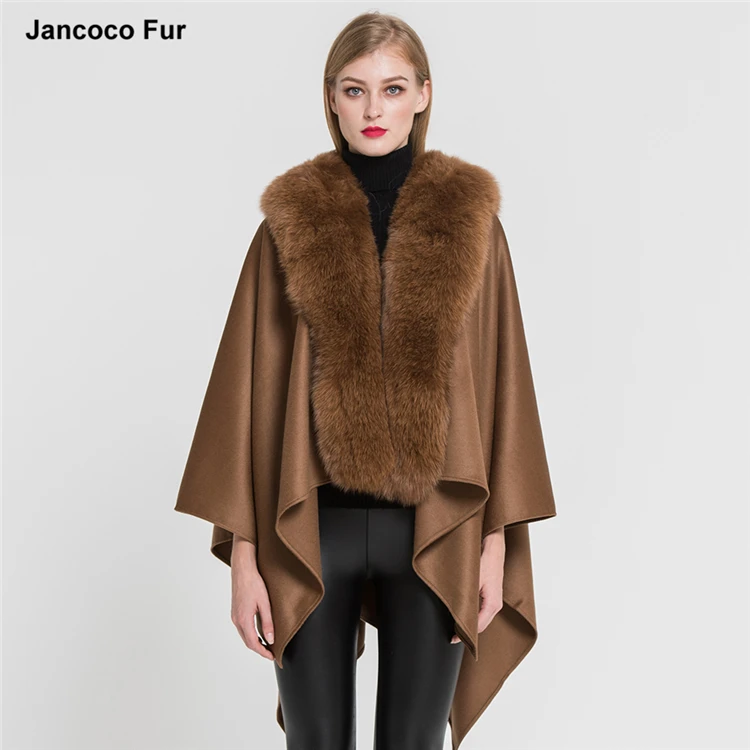 
Factory Direct Wholesale Cashmere Poncho with Fox Fur Trim Women Winter Fur Cape Gilet  (60796791045)