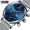 BIDEN 0160 Fashion Casual Men Clock Sun Moon Date Show Royal Blue Dial Chronograph Mesh Strap Sport Military Wrist Watch