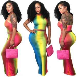 Modern ladies sexy halter backless contrast color floor length dress