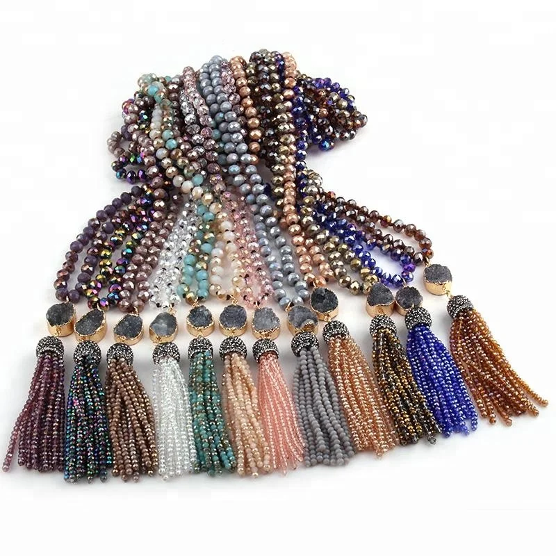 

Fashion 24 color choose Women Ethnic Necklace Bohemian Tribal Jewelry Multi Glass Knotted Druzy Link Crystal Tassel Necklace