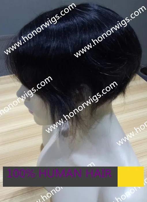 
HT427 human hair 6x8 inch Toupee #1B+5% offwhite color synthetic hair 6inches length 120% density natural wave right part wig 