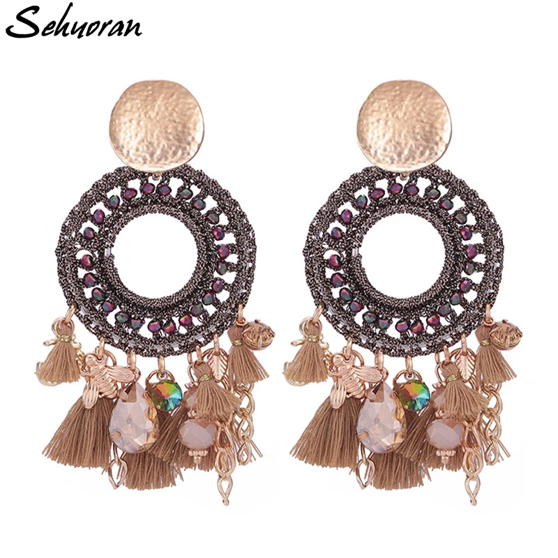 

Statement Handmade Crystal Beads Drop Earrings For Women Bohemian silk thread earrings Tassel Wholesale, 7color