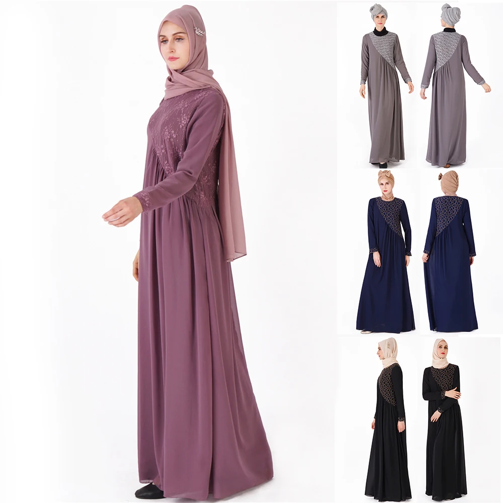 Muslim women's Lace fold robes open long skirt national costume Arab outfit Slim waist  Pleated fold Sequined embroidered dress