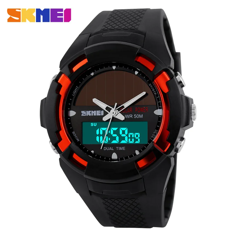 

2018 new skmei 1056 men military outdoor 5 atm water resistant sports quartz digital dual time solar power watch