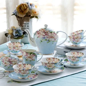 Image of Bone china tea cup and saucer flower pot porcelain tea set of 6 cup and saucer for 6 people 15pcs with milk jug and sugar bowl
