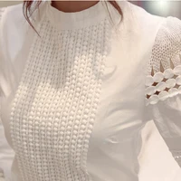 

New Women Blouses Slim Bottoming Long-sleeve White Shirt Lace Hook Flower Hollow Plus Size S-5XL