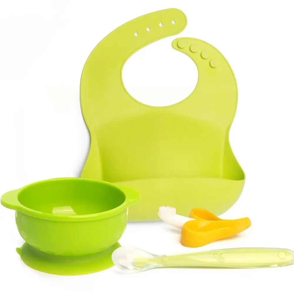 

Food Grade Silicone baby feeding set bib+suction bowl+spoon+ baby toother green