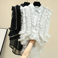 

Summer Casual Off Shoulder Ruffles Blouse Women Lapel Sleeveless Shirt Female Spring Fashion New E19050105