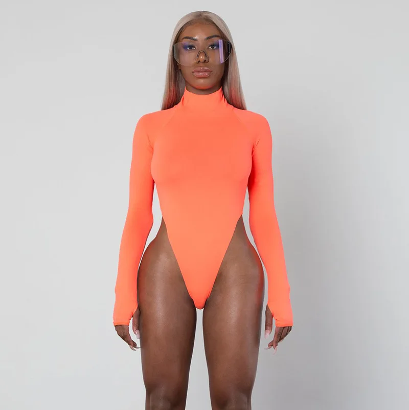 

2019 Long Sleeve Turtleneck Bodysuit Women High Leg Neon Bodysuits