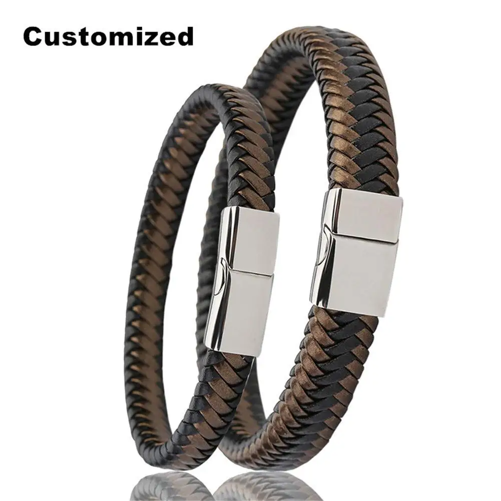 LiFashion LF His Her Stainless Steel Personalized Name Custom Braided Genuine Leather Cuff Bracelets Black Brown Handmade Real Leather Bangle Men Women Promise Valentine Gift,Engraving Customized