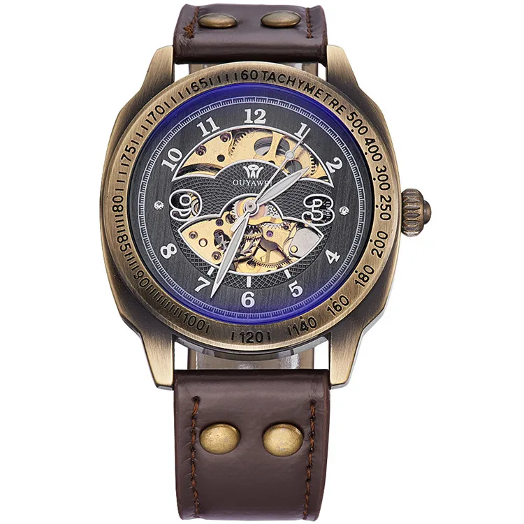 

Top Sale Luxury Brand OUYAWEI 1703 Genuine Leather Band High End Movement Vintage Man Automatic Skeleton Bronze Watch