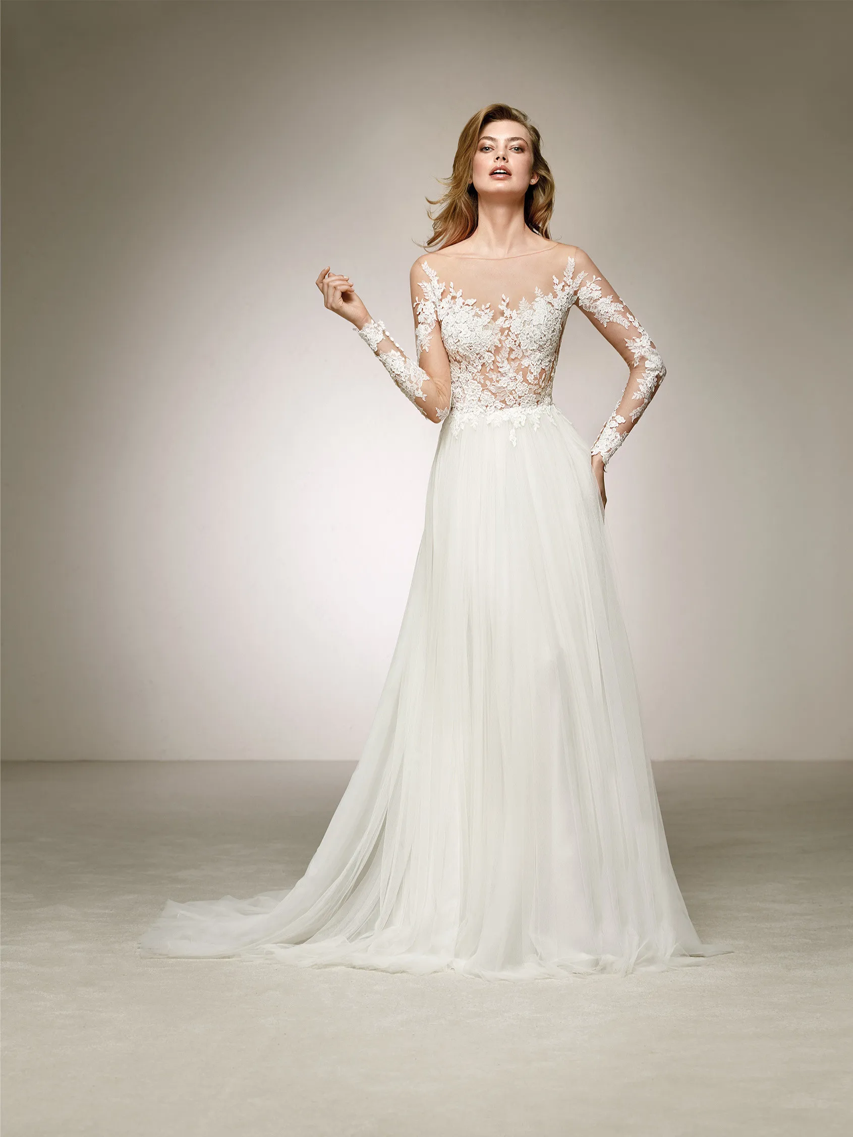 NW1264 Eye-catching Deep Side Slit Bridal Gown Fabulous Design with a two-piece Effect and Long Sleeves Wedding Dress