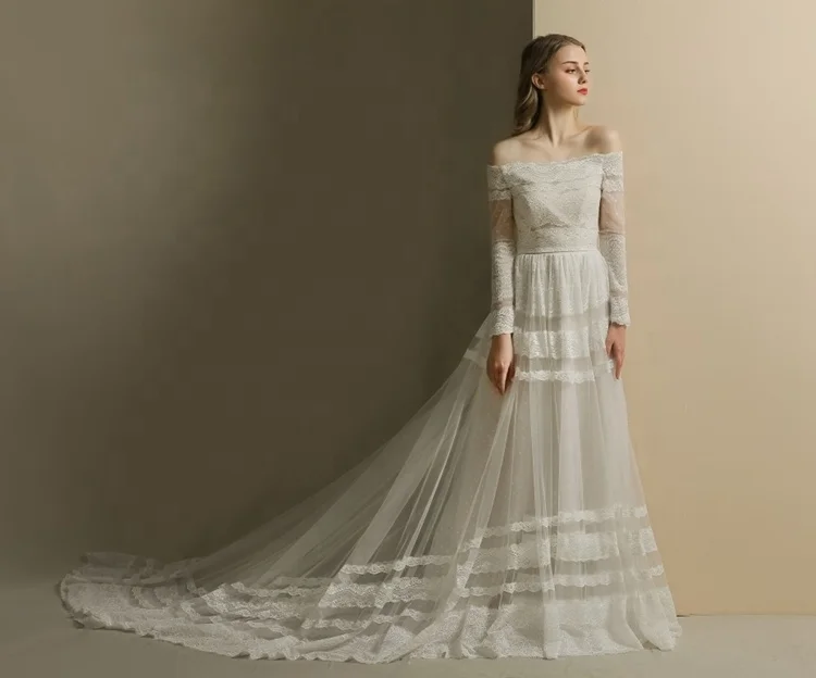 

1327#Lace Off-Shoulder A-Line Lace Backless Bohemian Bridal Wedding Dress, Ivory