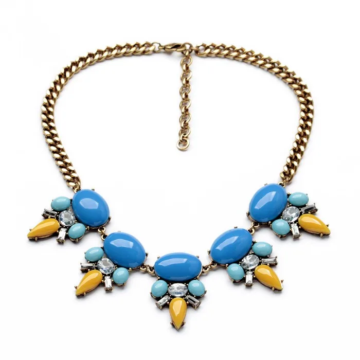 

xl01183 African Costume Vintage Gold Plated Styles Blue Crystal Statement Necklace, As picture